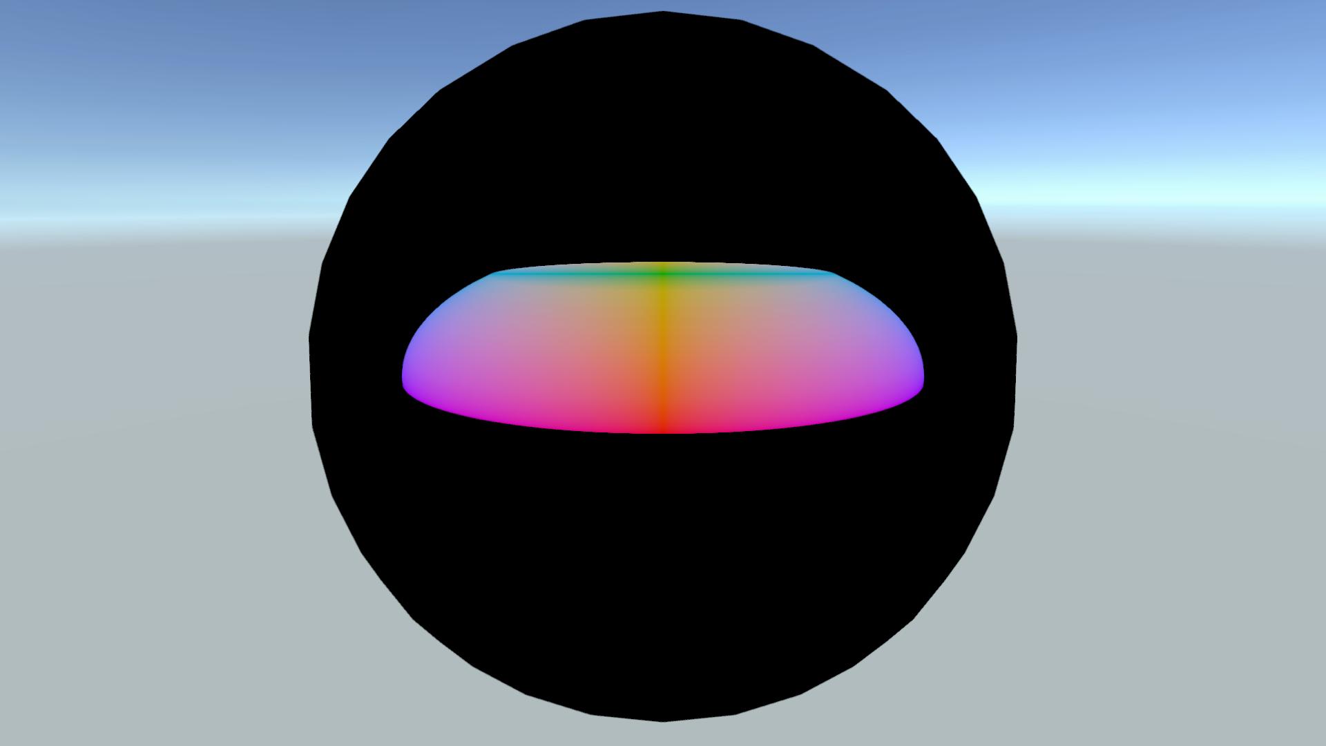 Capped ellipsoid on a 50 scale sphere object with parameters \(s_x = 15\), \(s_y = 10\), \(s_z = 20\), distance scale = 20 and cap heights 0 and 0.75