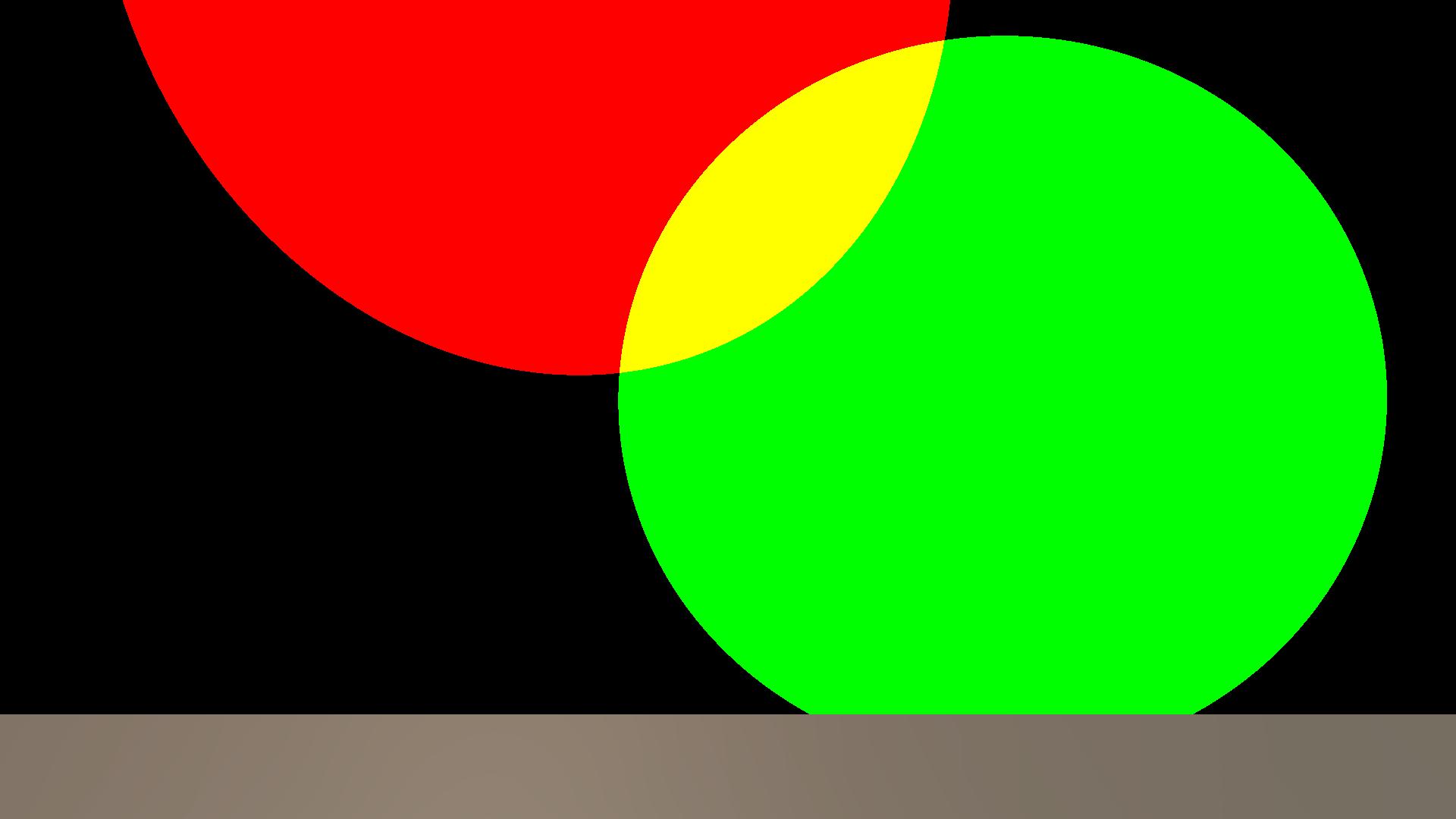 Depiction of the skybox, showing the sun and moon directions as a red and green circle respectively. The grey at the bottom is a standard Unity plane and not part of the skybox.