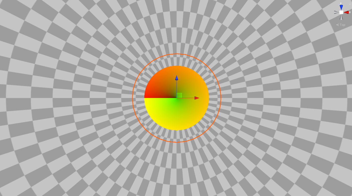 Raytrace disc as seen from above with the color’s red and green channel set to the UV coordinates.
